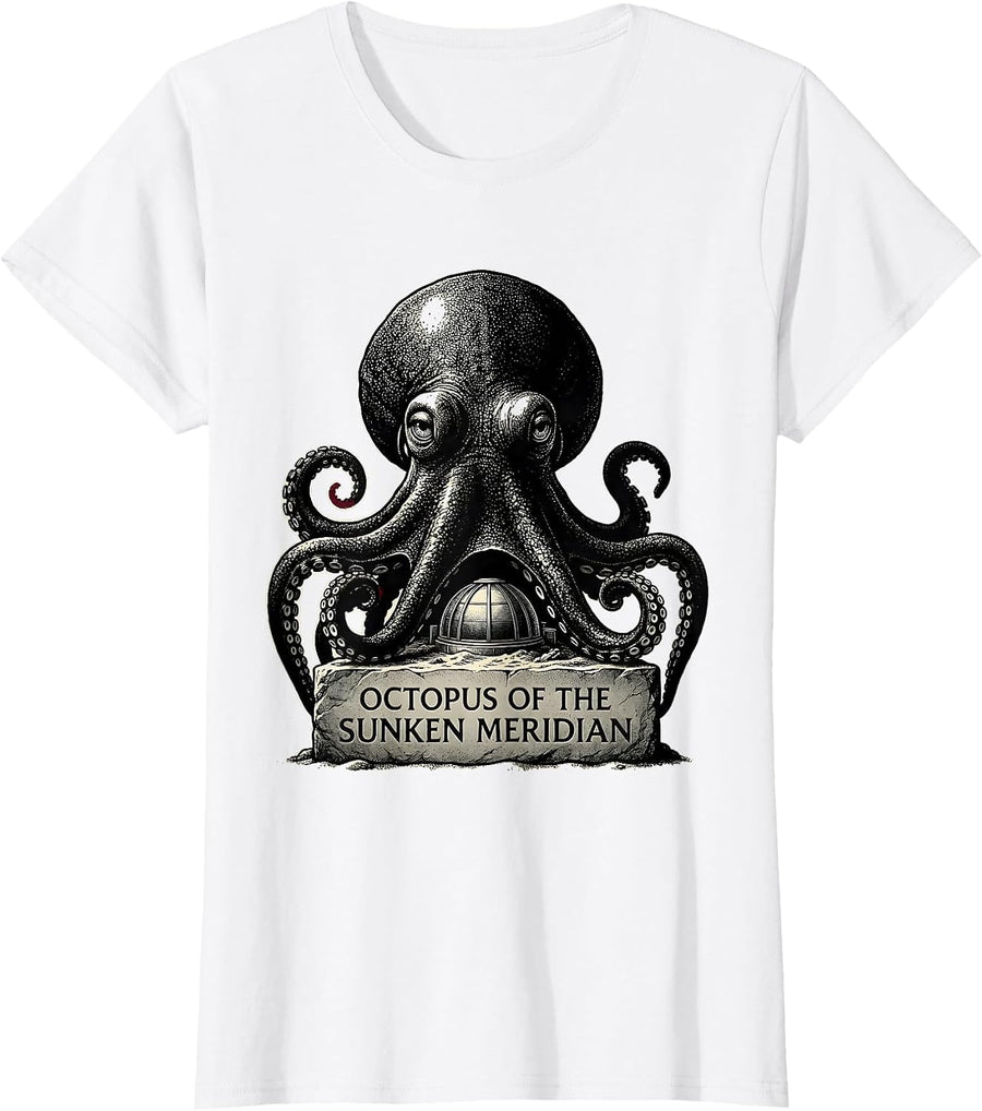 Women's Octopus of the Sunken Meridian Blackwork Dotwork Ocean T-Shirt - White