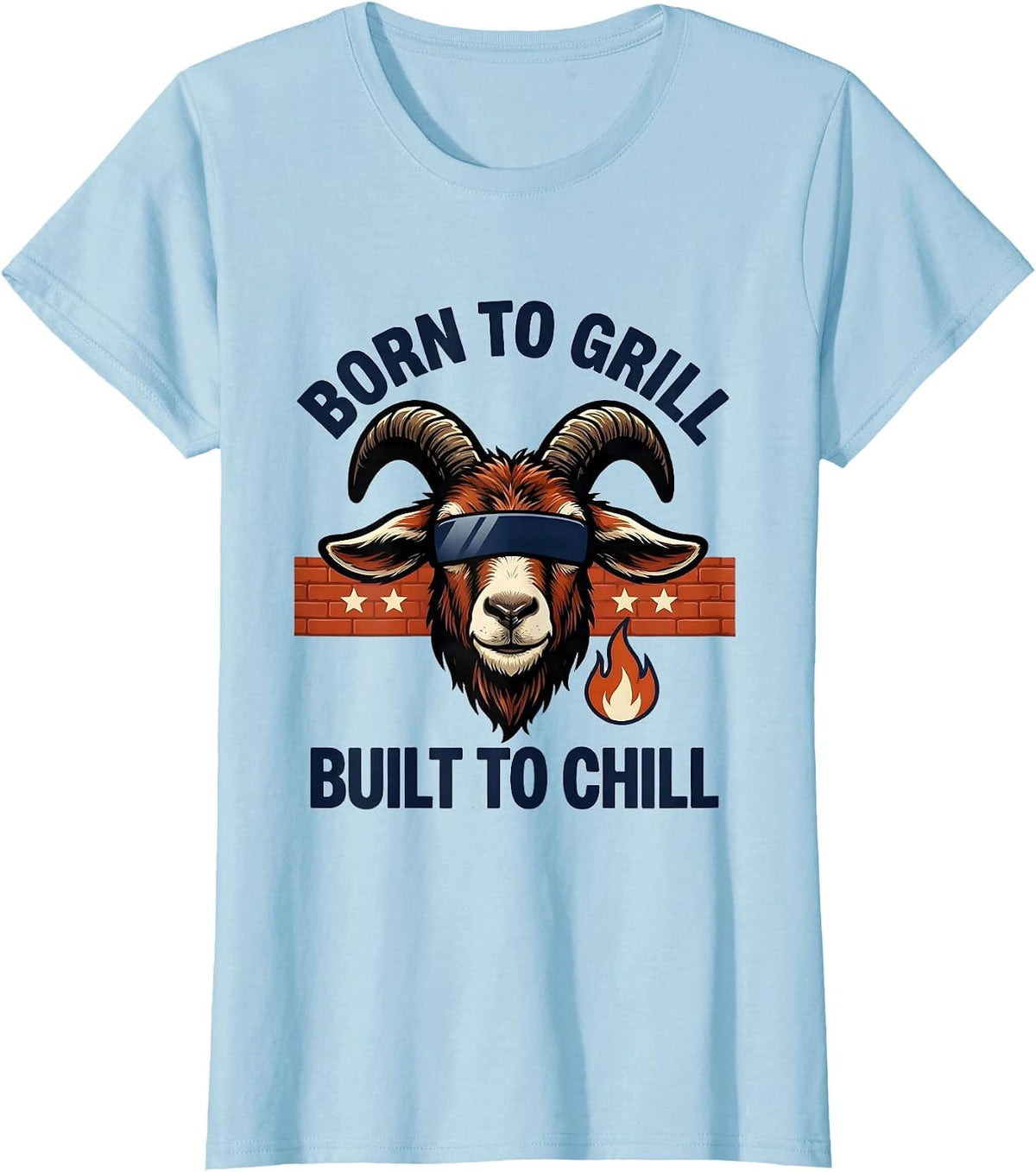 Women's Born To Grill, Built To Chill Funny Goat with Sunglasses T-Shirt - Baby Blue