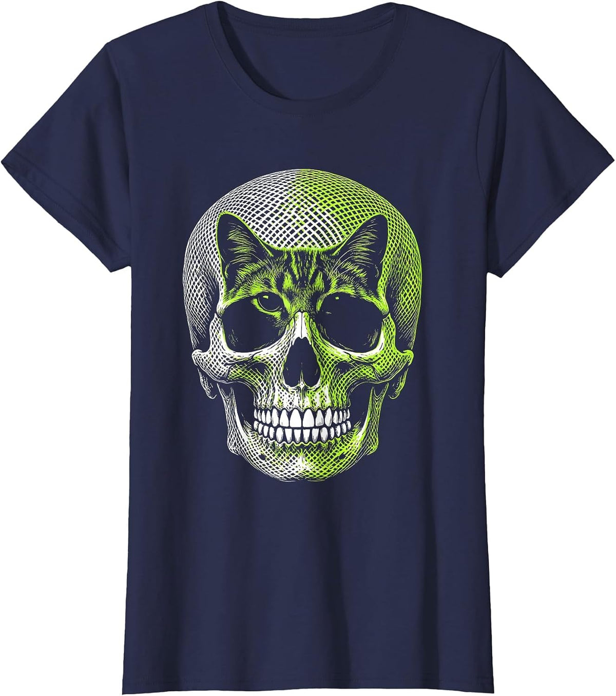 Women's Cat Skull Optical Illusion Gothic Halloween Cat Lover T-Shirt - Navy Blue