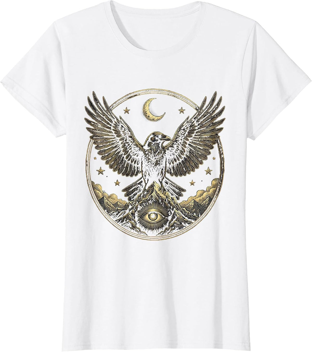 Women's Crow Wings Wide Over Mountain Peak Illustration T-Shirt - White