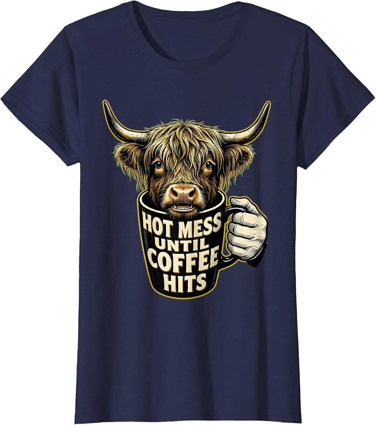 Women's Hot Mess Until Coffee Hits Retro Cartoon Highland Cow Coffee T-Shirt - Navy Blue