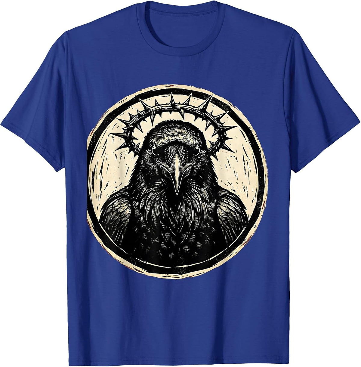 Men's Crow Wearing Crown of Thorns Illustration T-Shirt - Royal Blue