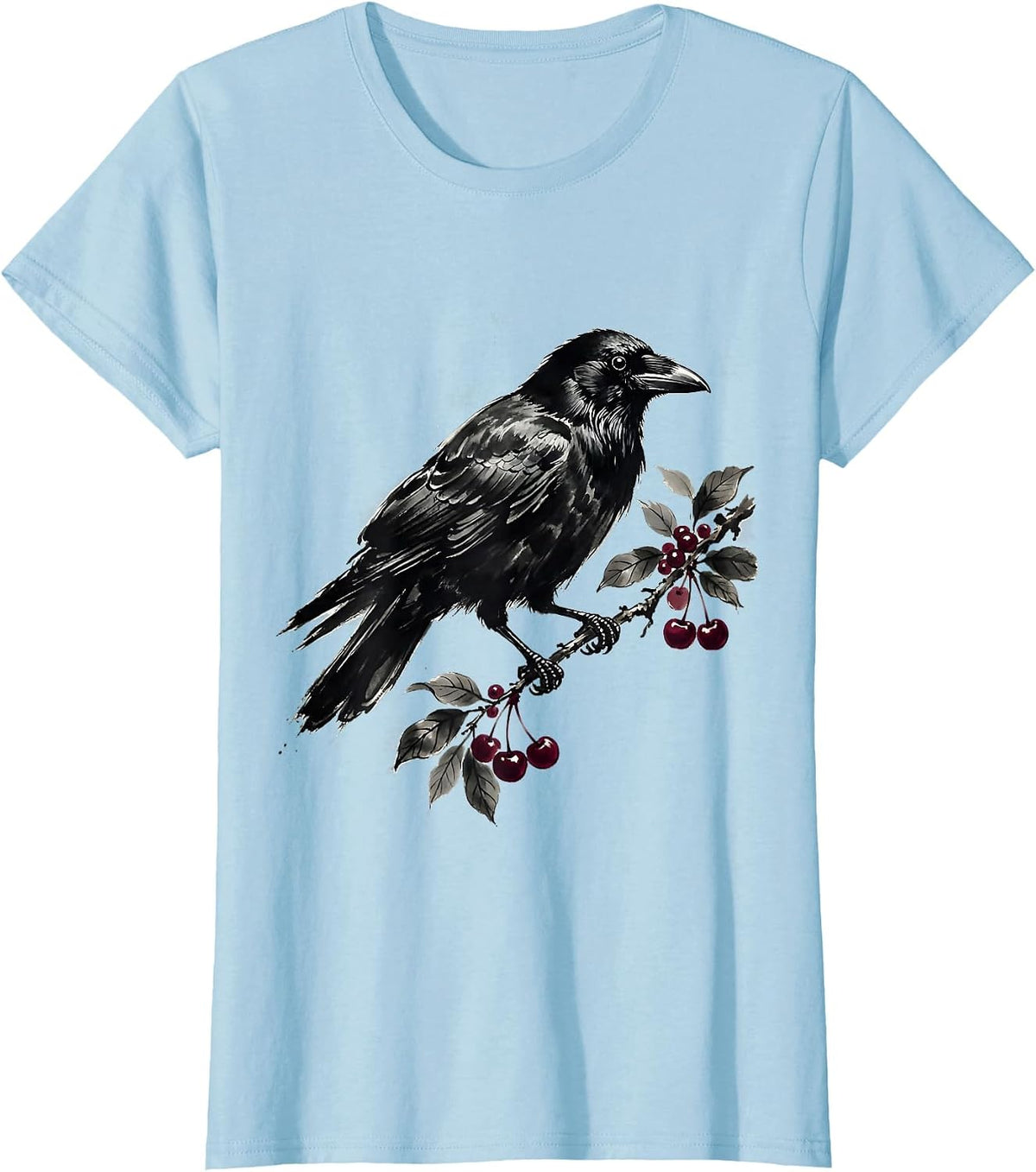 Women's Crow Carrying Coffee Cherry Branch T-Shirt - Baby Blue