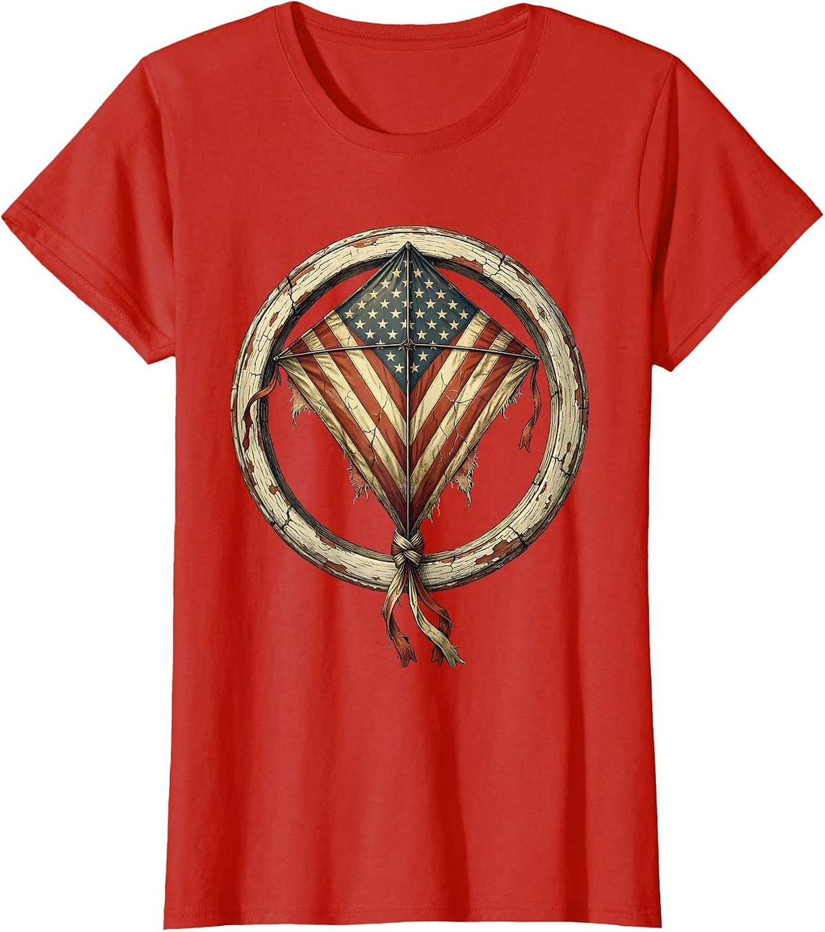 American Flag Kite Soaring Over Open Field T-Shirt - Red