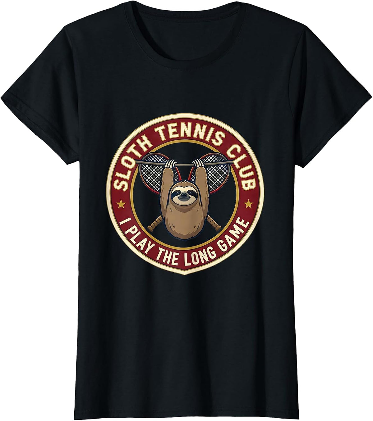 Women's SLOTH TENNIS CLUB I PLAY THE LONG GAME Funny Sloth Lover T-Shirt - Black