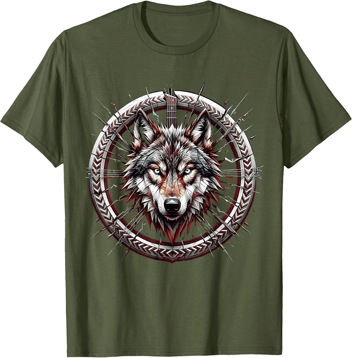 Wolf Howling Broken Guitar Strings Metal Art T-Shirt - Olive Green
