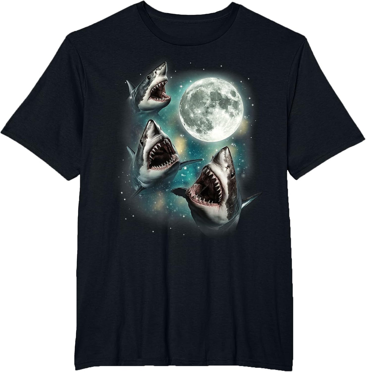 Three Shark Moon | 3 Great Whites Howling Wolfs Moon Parody T-Shirt - Black