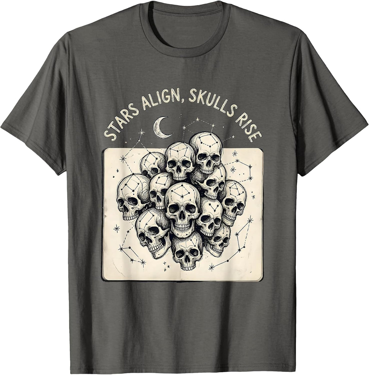Men's Halloween Tarot Stars Align Skulls Rise Design T-Shirt - Asphalt Grey