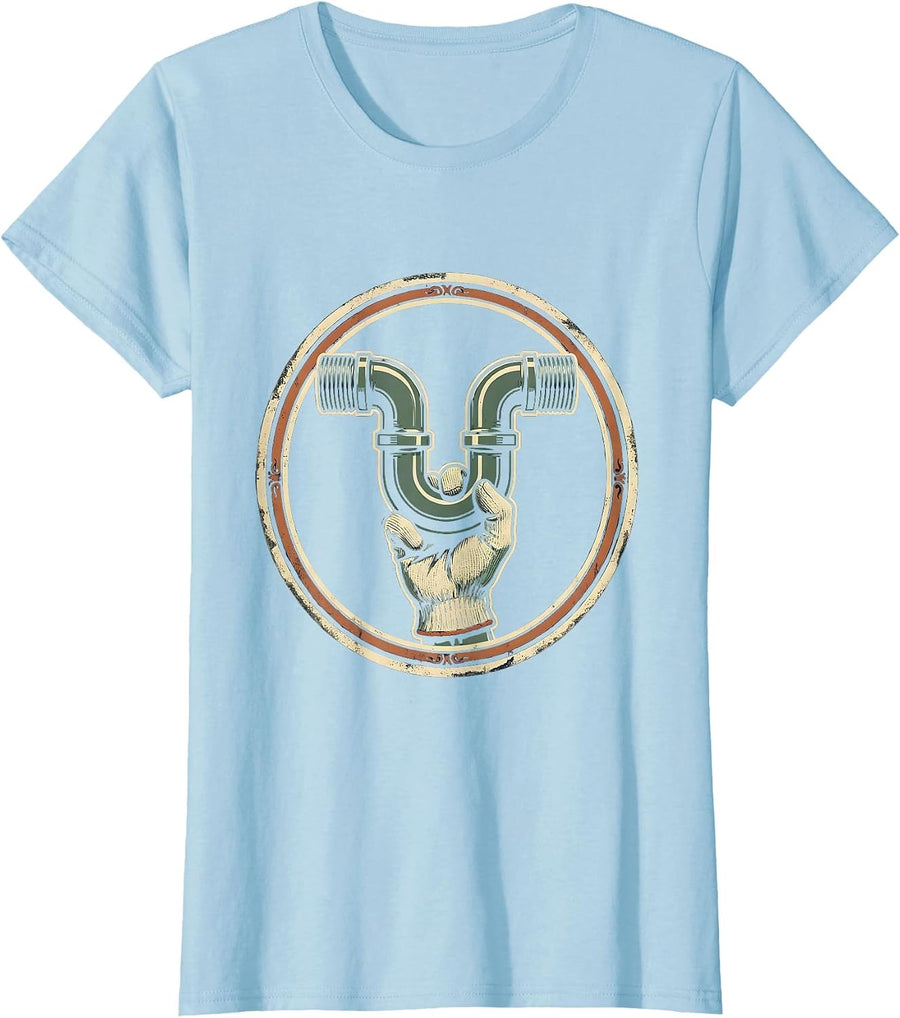 Women's Sealed Trap Badge Vintage Plumber Pipefitter Humor T-Shirt - Baby Blue