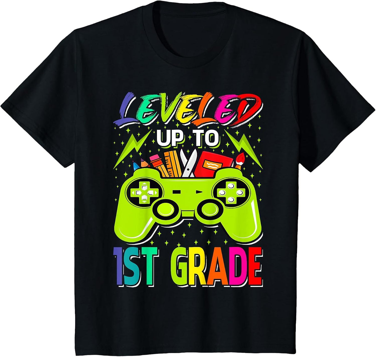 Leveled Up to 1st Grade Gamer Back to School First Day Boys T-Shirt - Black