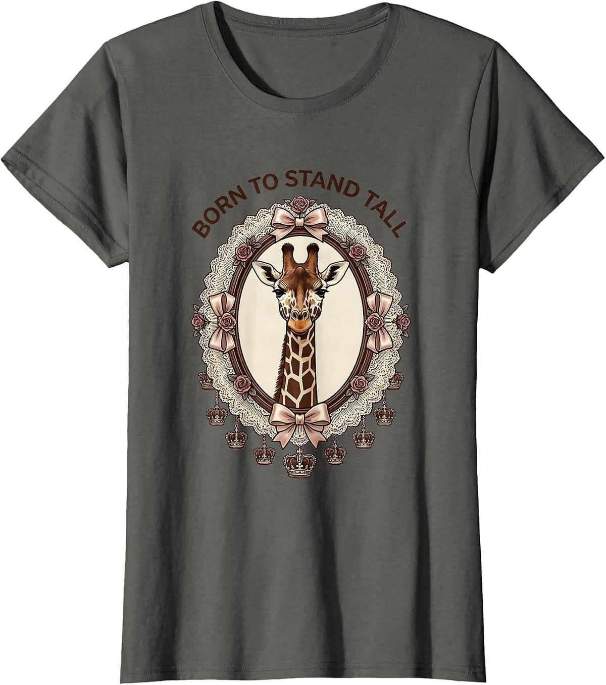 Women's Born to Stand Tall Giraffe Print Design T-Shirt - Asphalt Grey