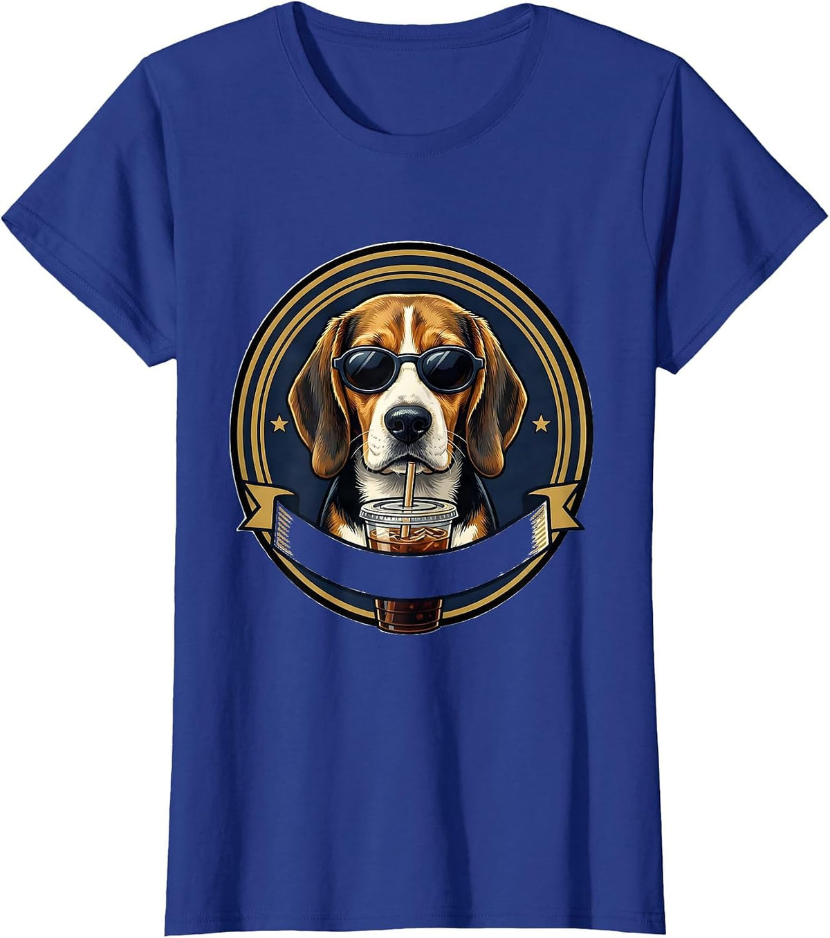 Women's Beagle Iced Coffee Emblem Funny Dog Lover Meme T-Shirt - Royal Blue