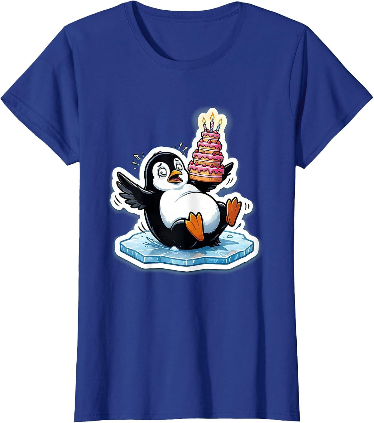 Women's Penguin Slipping on Ice With Birthday Cake T-Shirt - Royal Blue