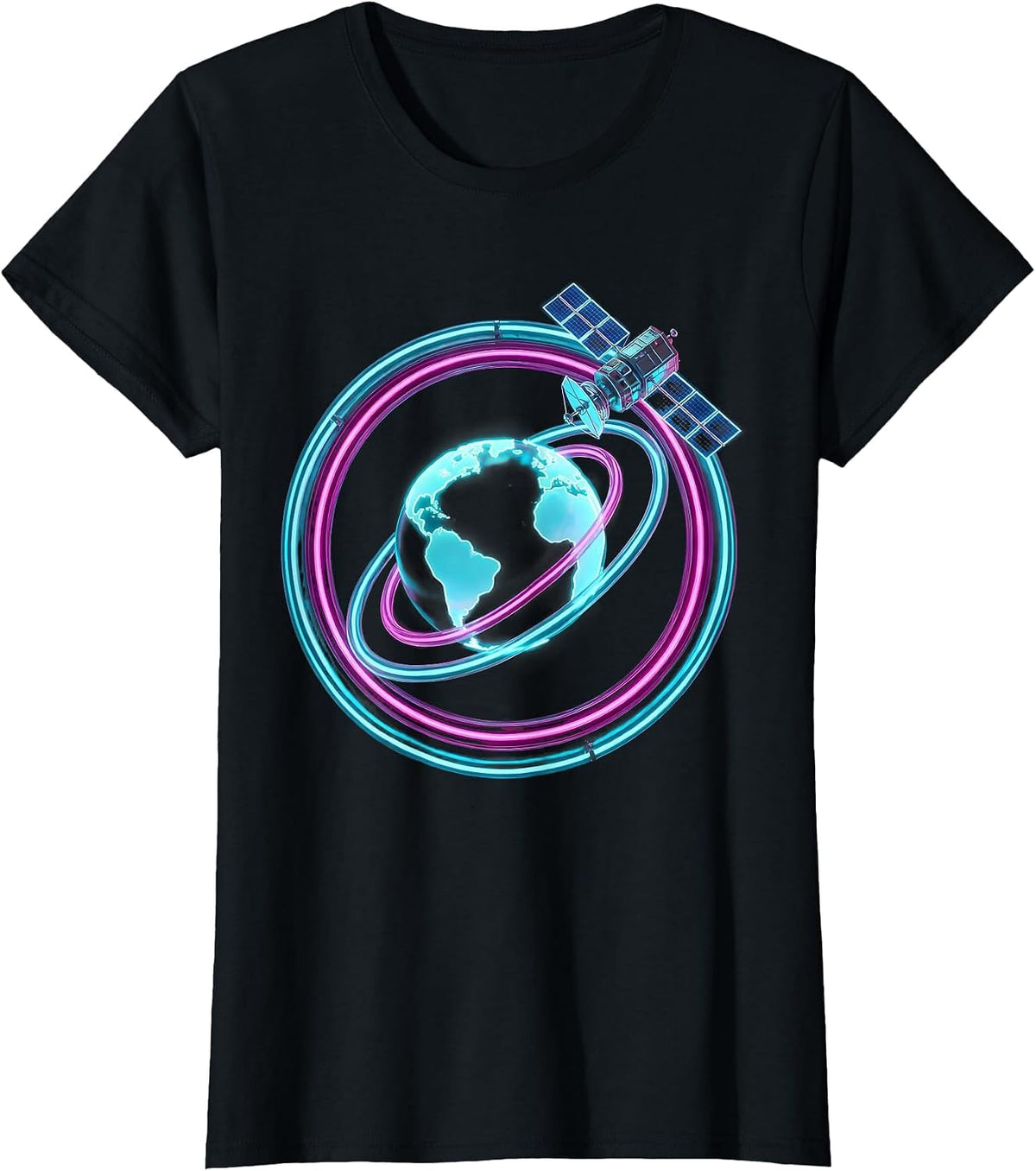 Y2K Satellite Orbit Earth Retro Space Graphic T-Shirt - Black