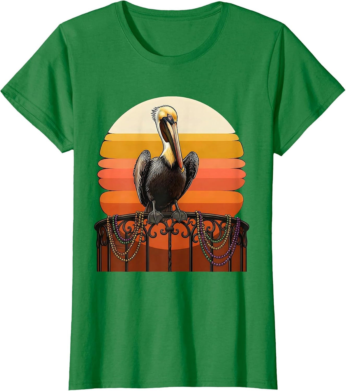 Women's Mardi Gras Pelican Balcony Beads Illustration T-Shirt - Kelly Green