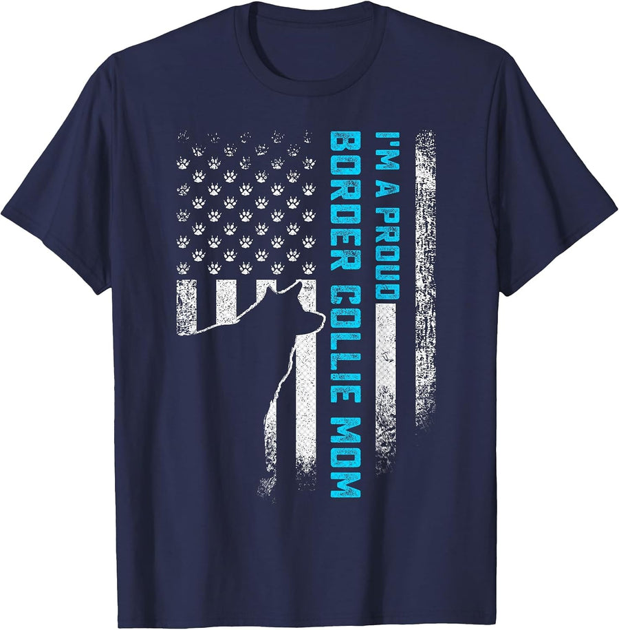 Vintage USA American Flag I'm A Proud Border Collie Dog Mom T-Shirt - Navy Blue