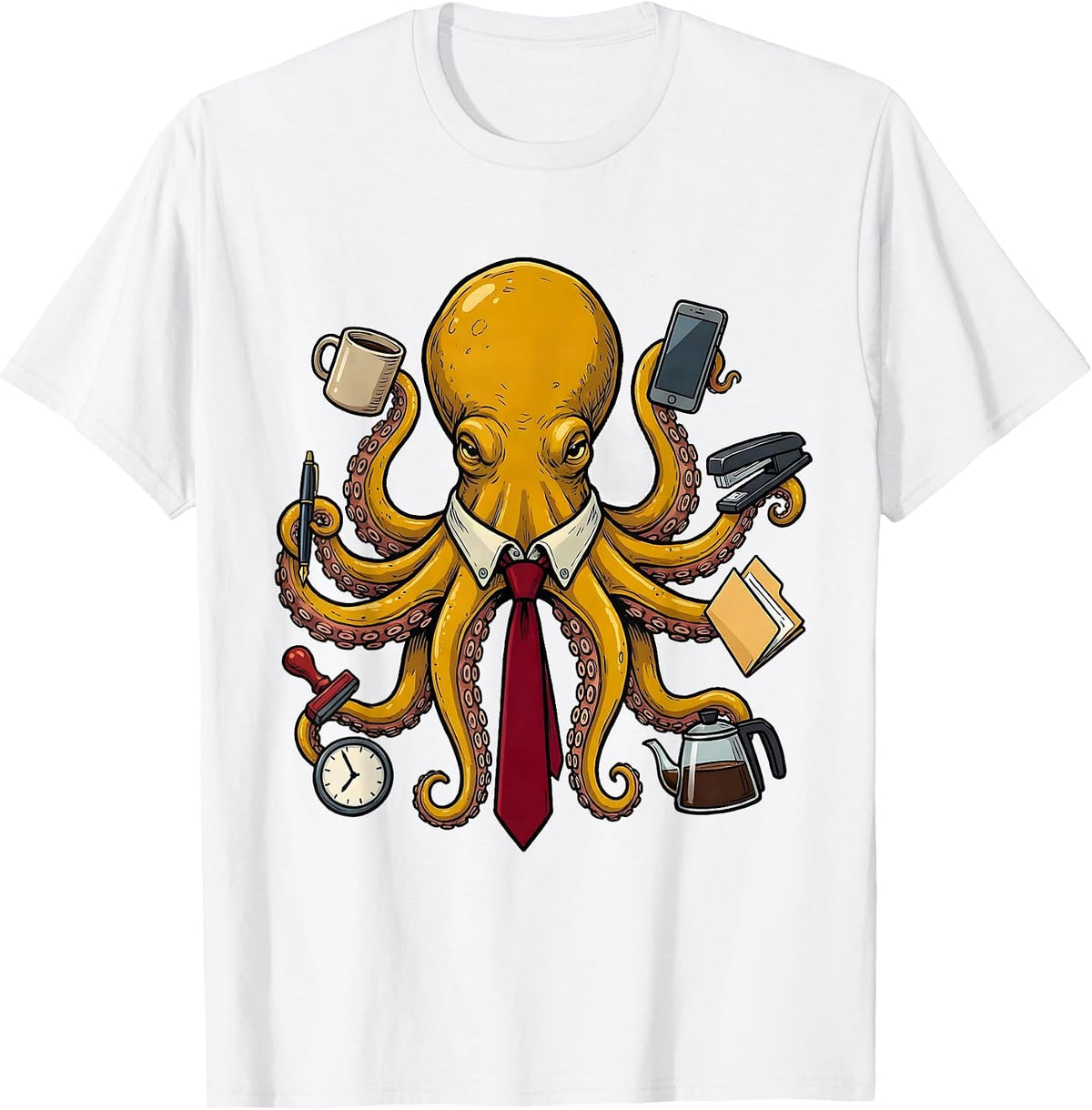 Men's Office Octopus Domed Mantle Marker Outline Vintage T-Shirt - White