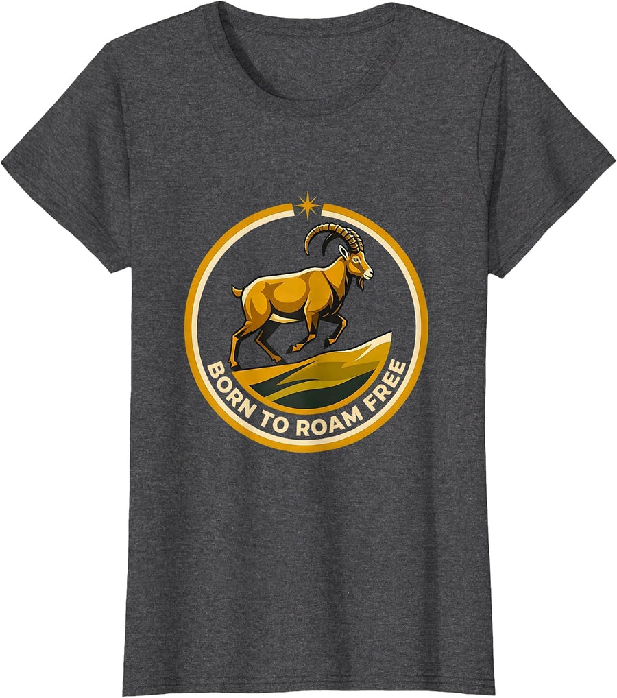 Women's Born to Roam Free Wild Goat Nature Design T-Shirt - Dark Heather Grey