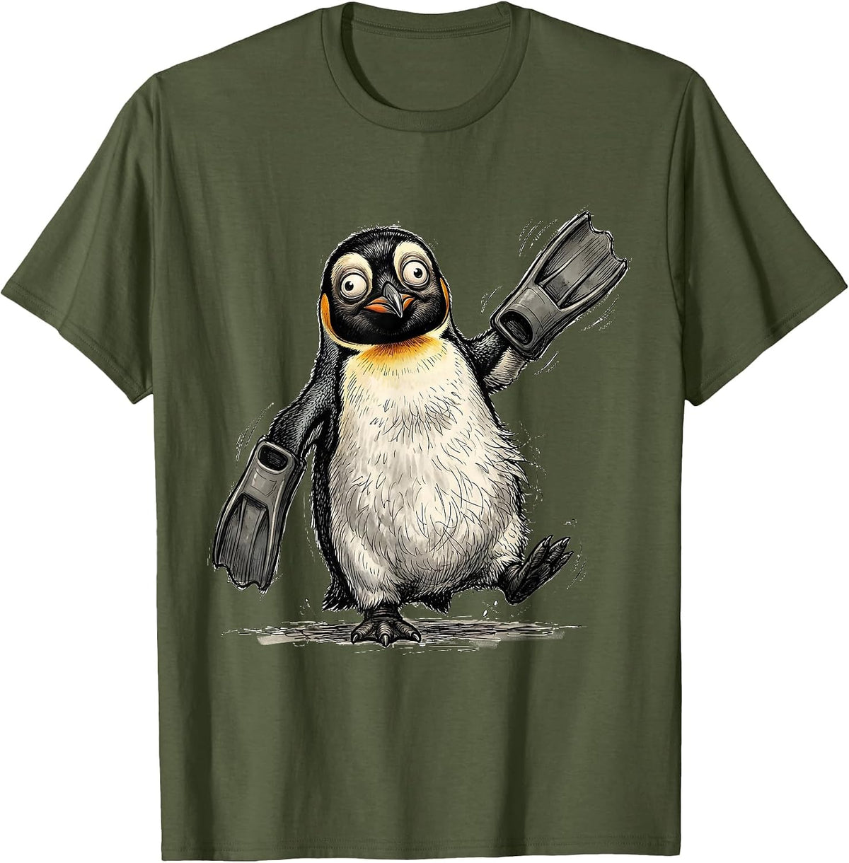 Men's Derpy Penguin with Flippers on Wings T-Shirt - Olive Green