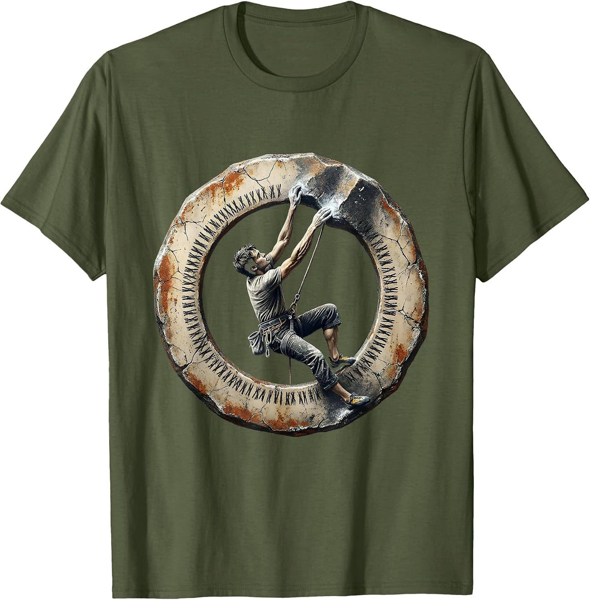 Men's Strained Climber Badge Distressed Rock Climbing Bouldering T-Shirt - Olive Green