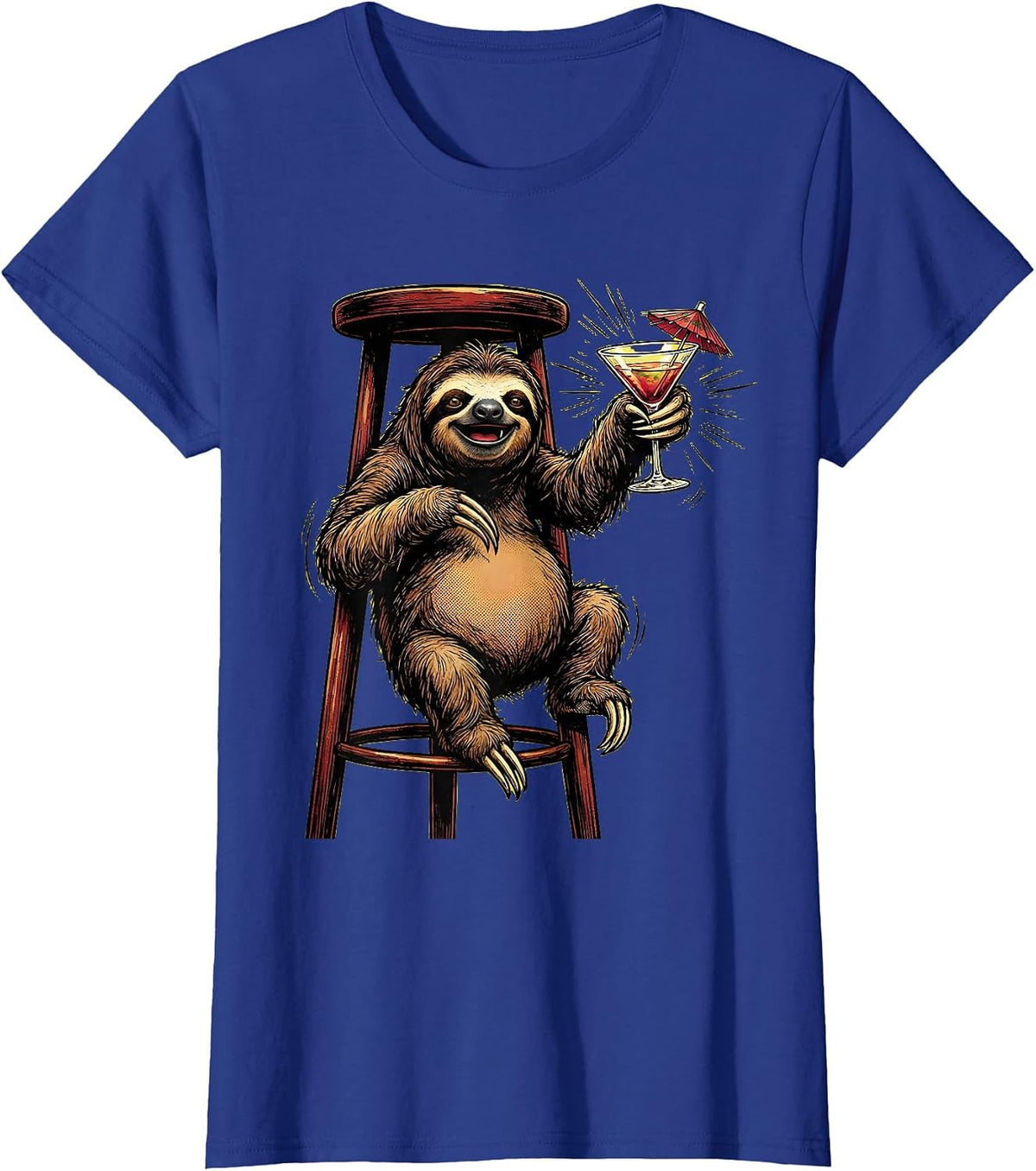 Women's Funny Sloth Hanging at the Bar Cocktail Design T-Shirt - Royal Blue