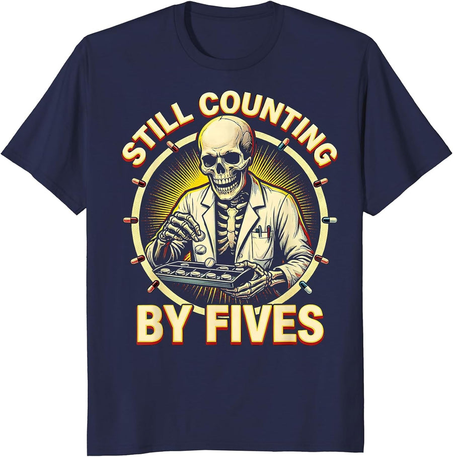 Still Counting By Fives Funny Pharmacy Tech Halloween T-Shirt - Navy Blue