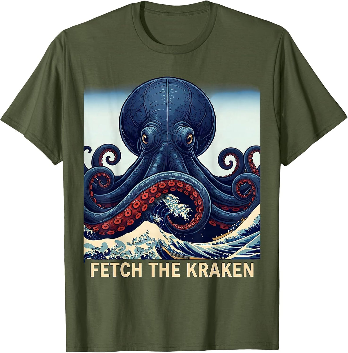 Men's Fetch The Kraken Ukiyo-e Octopus Sea Monster Ocean Lover T-Shirt - Olive Green