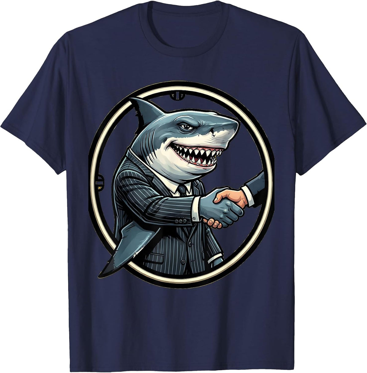 Shark Business Suit Handshake Funny Graphic T-Shirt - Navy Blue