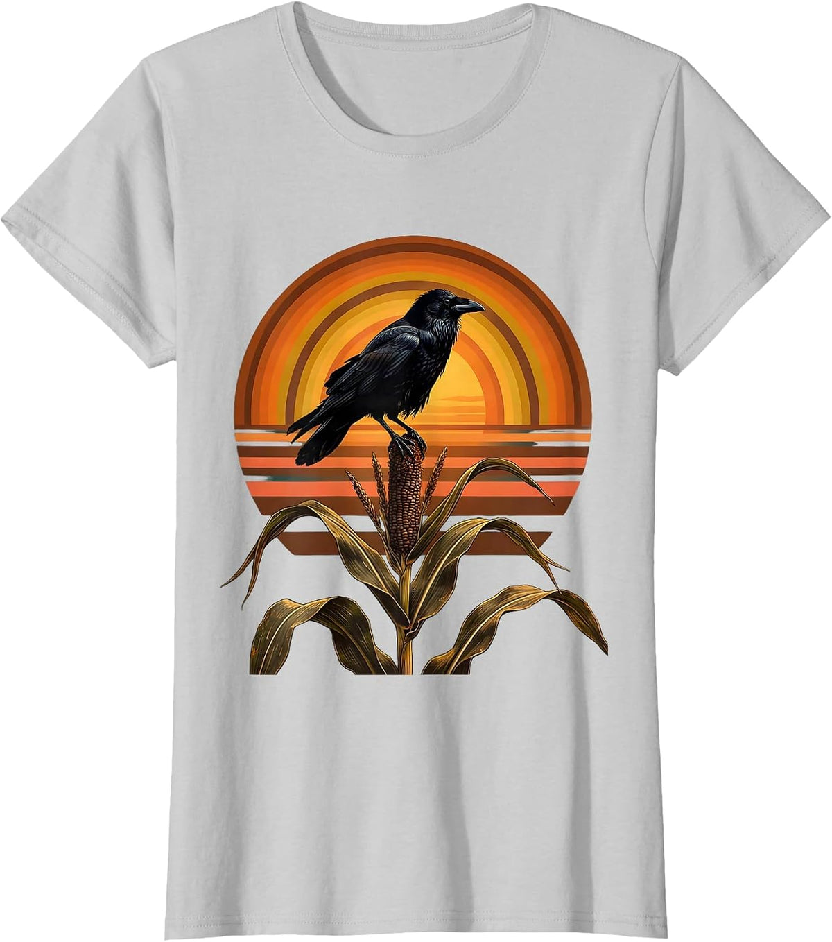 Women's Crow Perched on Corn Stalk Harvest Illustration T-Shirt - Silver Grey