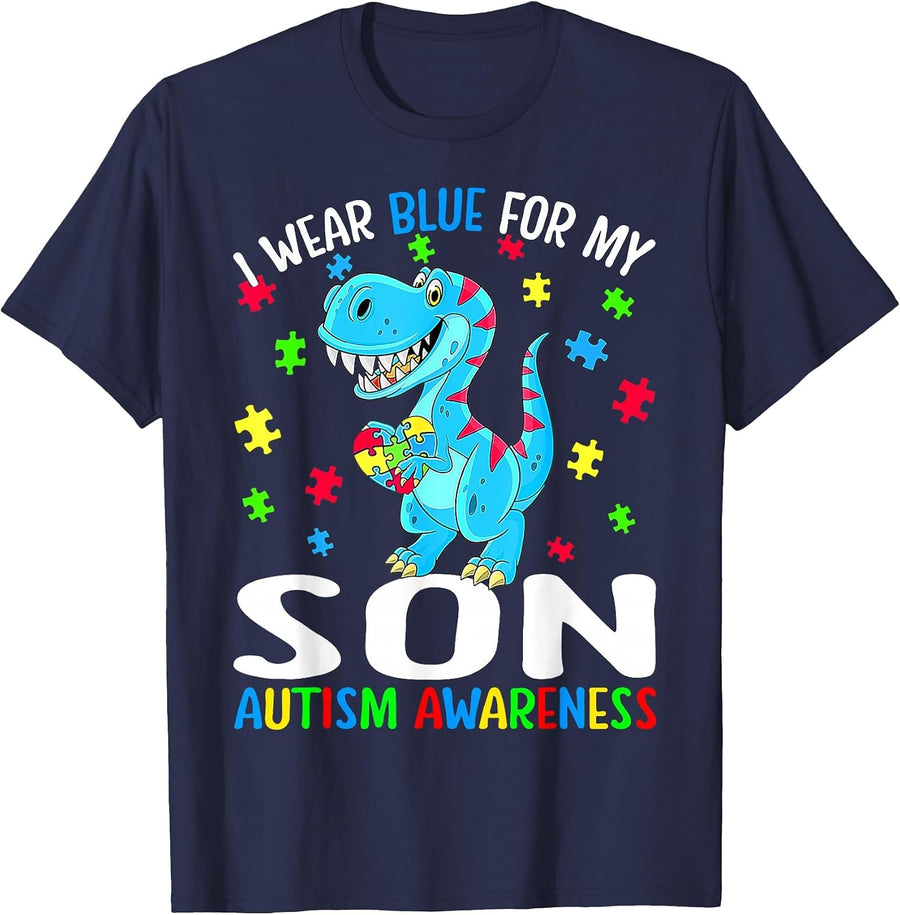 I Wear Blue for My Son Autism Awareness Dinosaur T-Shirt - Navy Blue