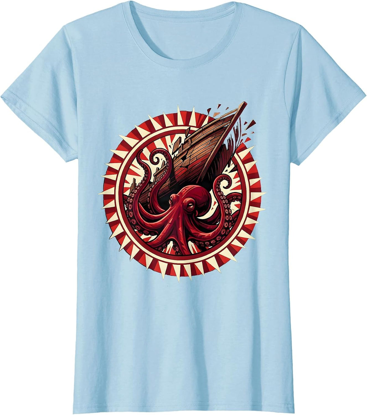 Giant Octopus Attacking Ship Anime Graphic T-Shirt - Baby Blue