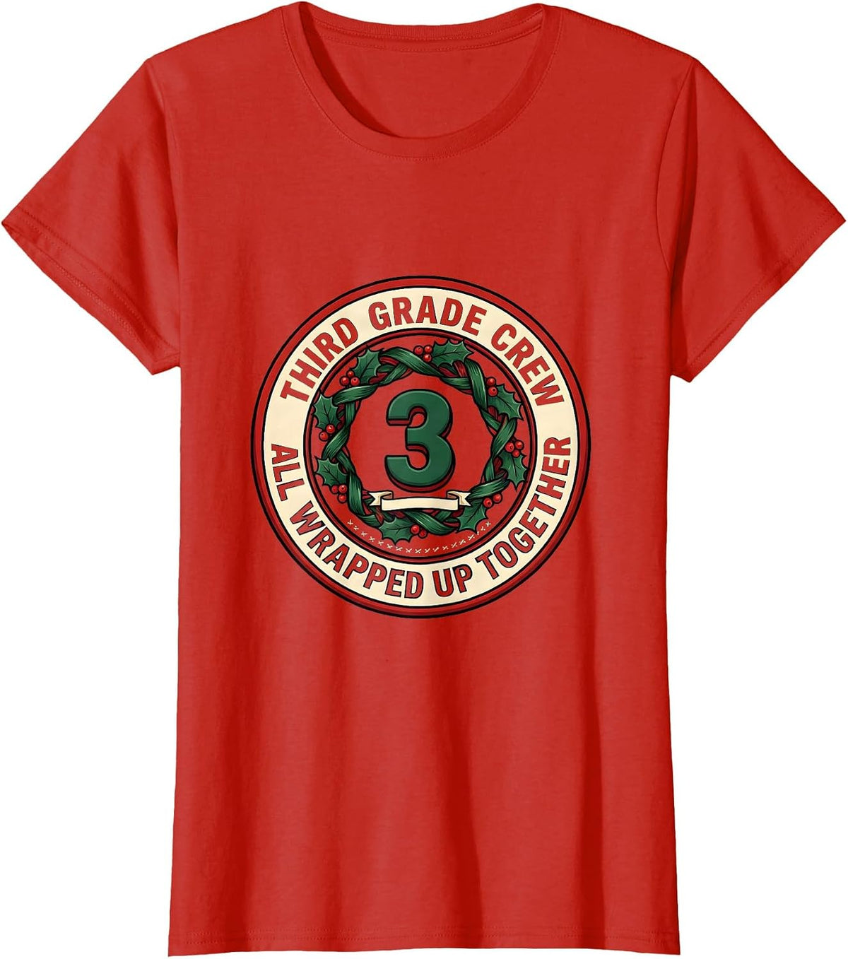 Third Grade Crew, All Wrapped Up Together Teacher Christmas T-Shirt - Red