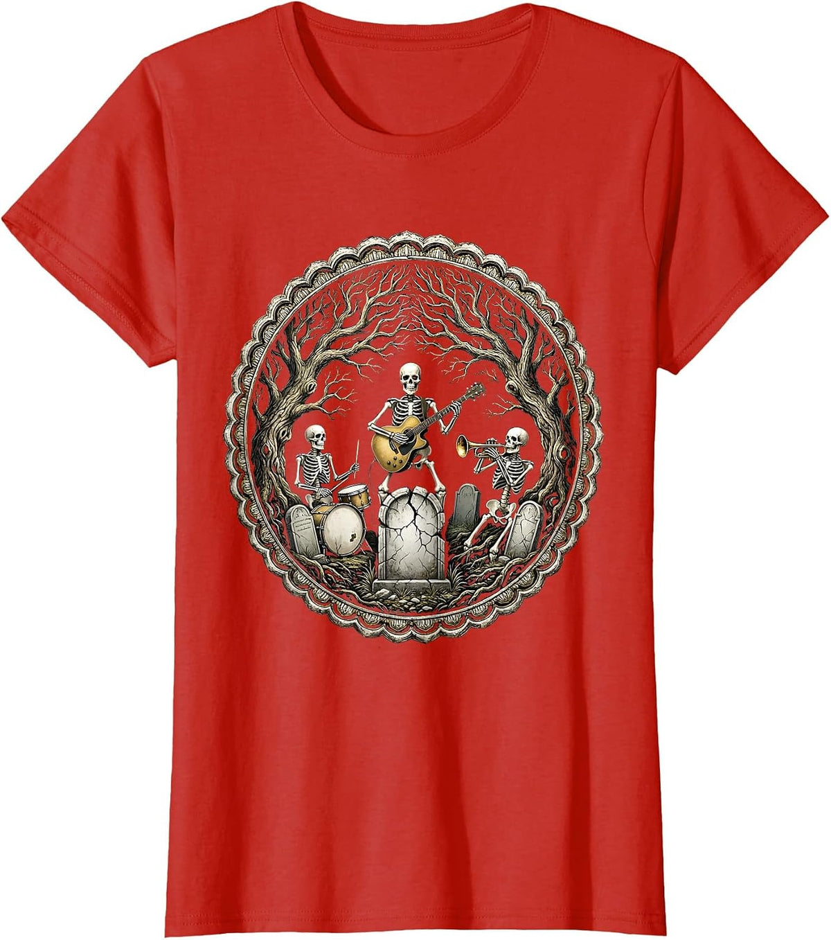 Skeleton Band Graveyard Concert Graphic T-Shirt - Red