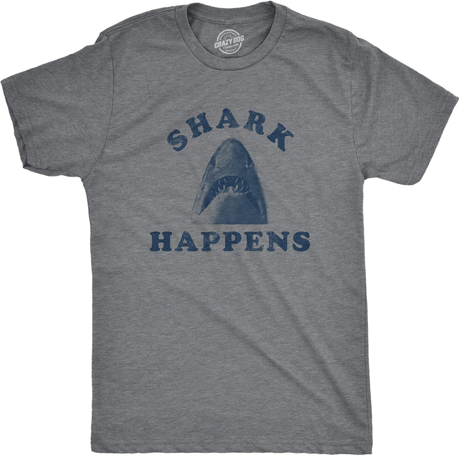 Funny Shark T Shirts for Men Jaws Shirts for Guys Funny Graphic Tee - Dark Heather Grey - Shark Happens