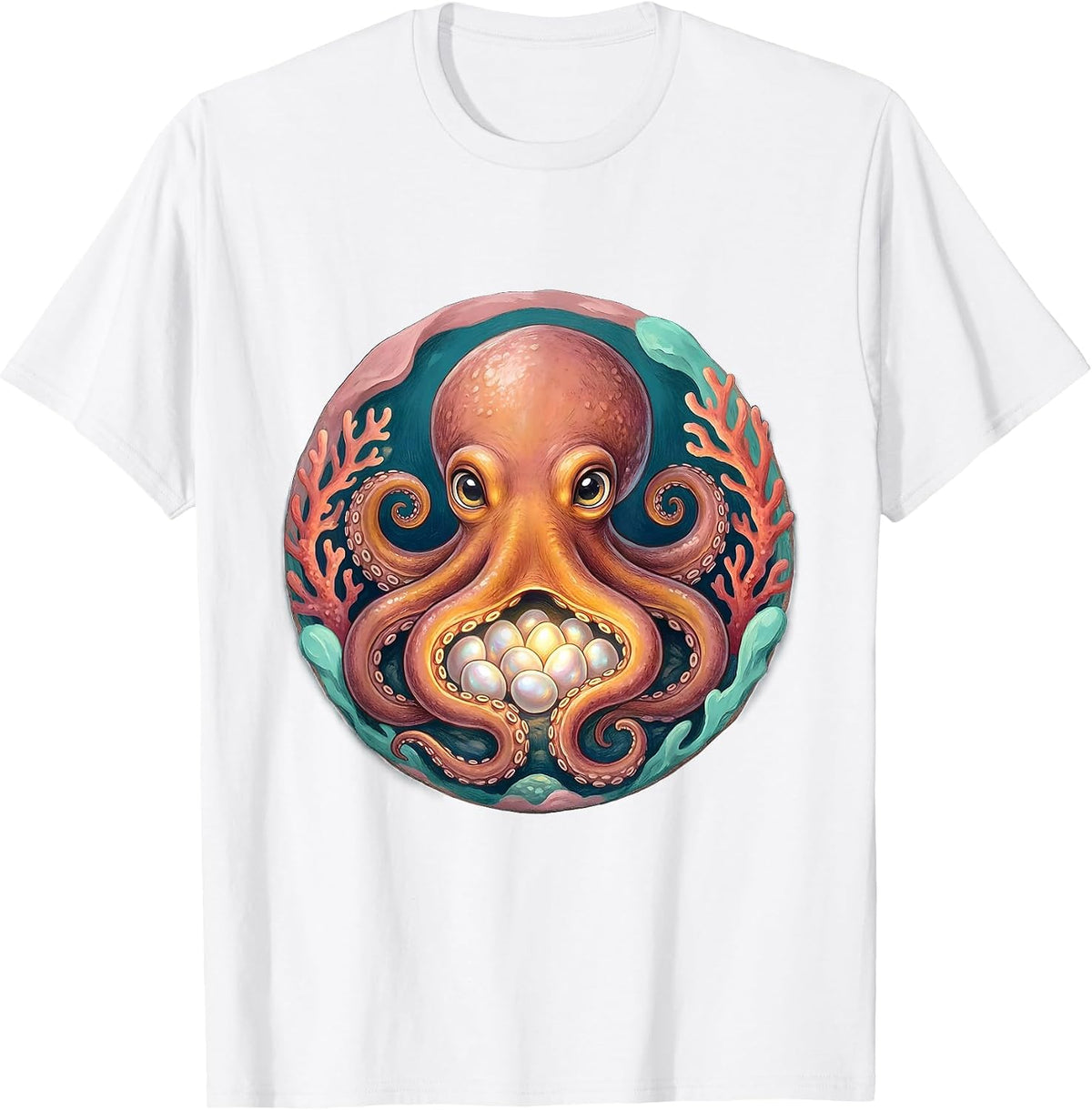 Men's Mother Octopus Sheltering Eggs Protective Mom Art T-Shirt - White