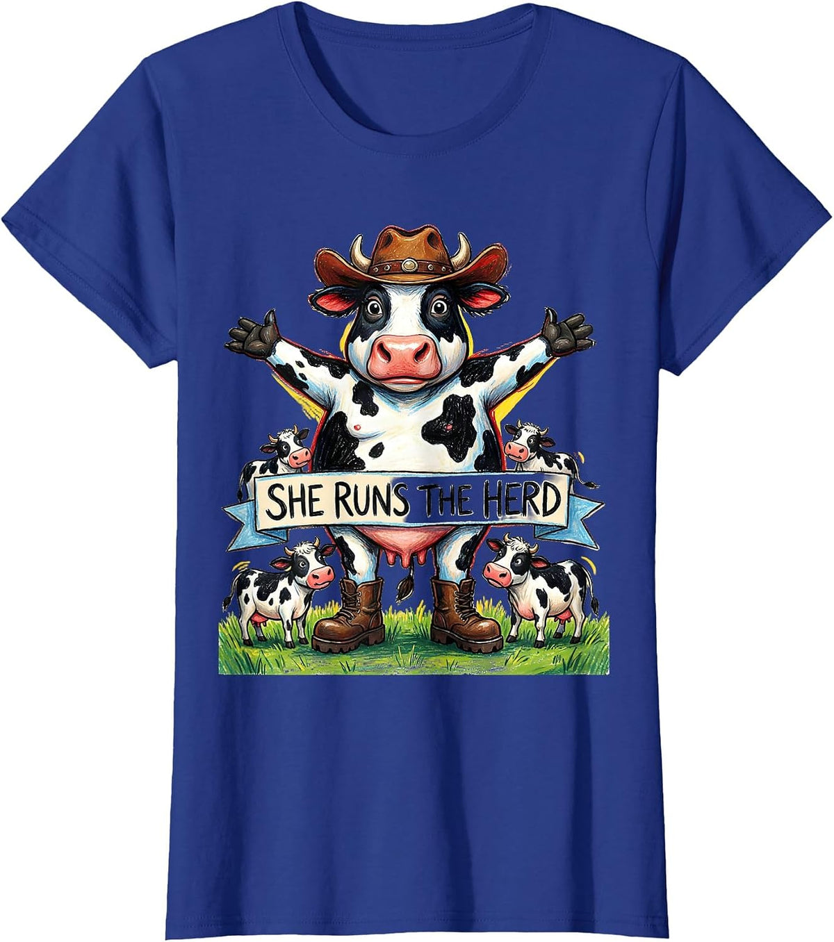 Women's She Runs The Herd Cow Lover Design T-Shirt - Royal Blue