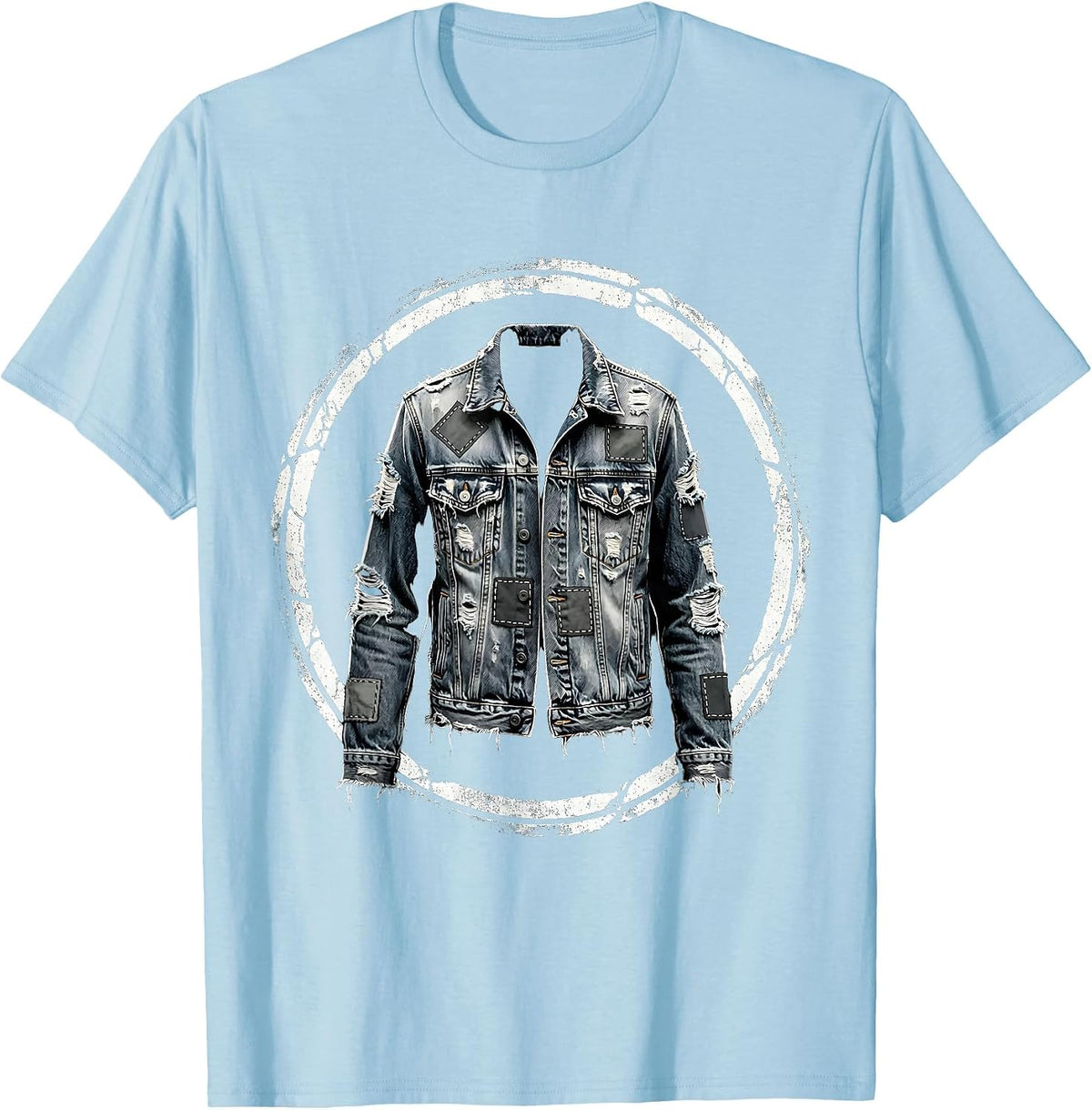 Men's Grunge Patched Denim Jacket Illustration T-Shirt - Baby Blue