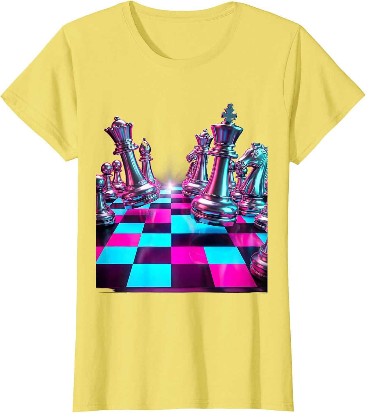 Women's Chess Pieces Scattered Checkered Board Graphic T-Shirt - Lemon Yellow