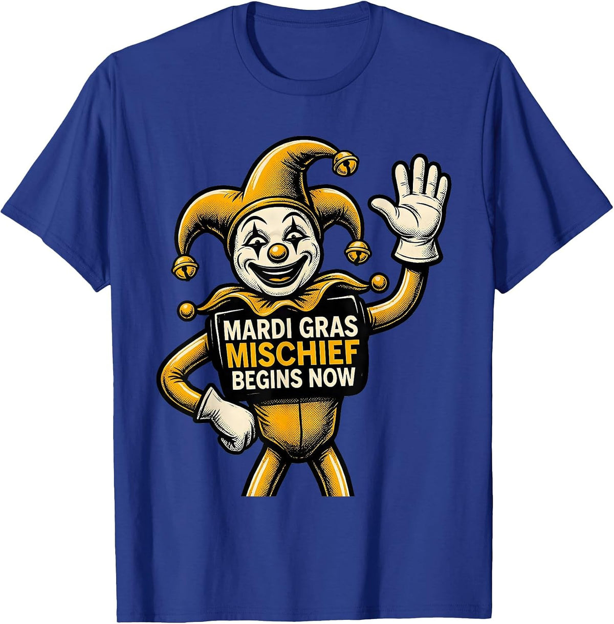 Mardi Gras Mischief Begins Now Retro Cartoon Jester Carnival T-Shirt - Royal Blue