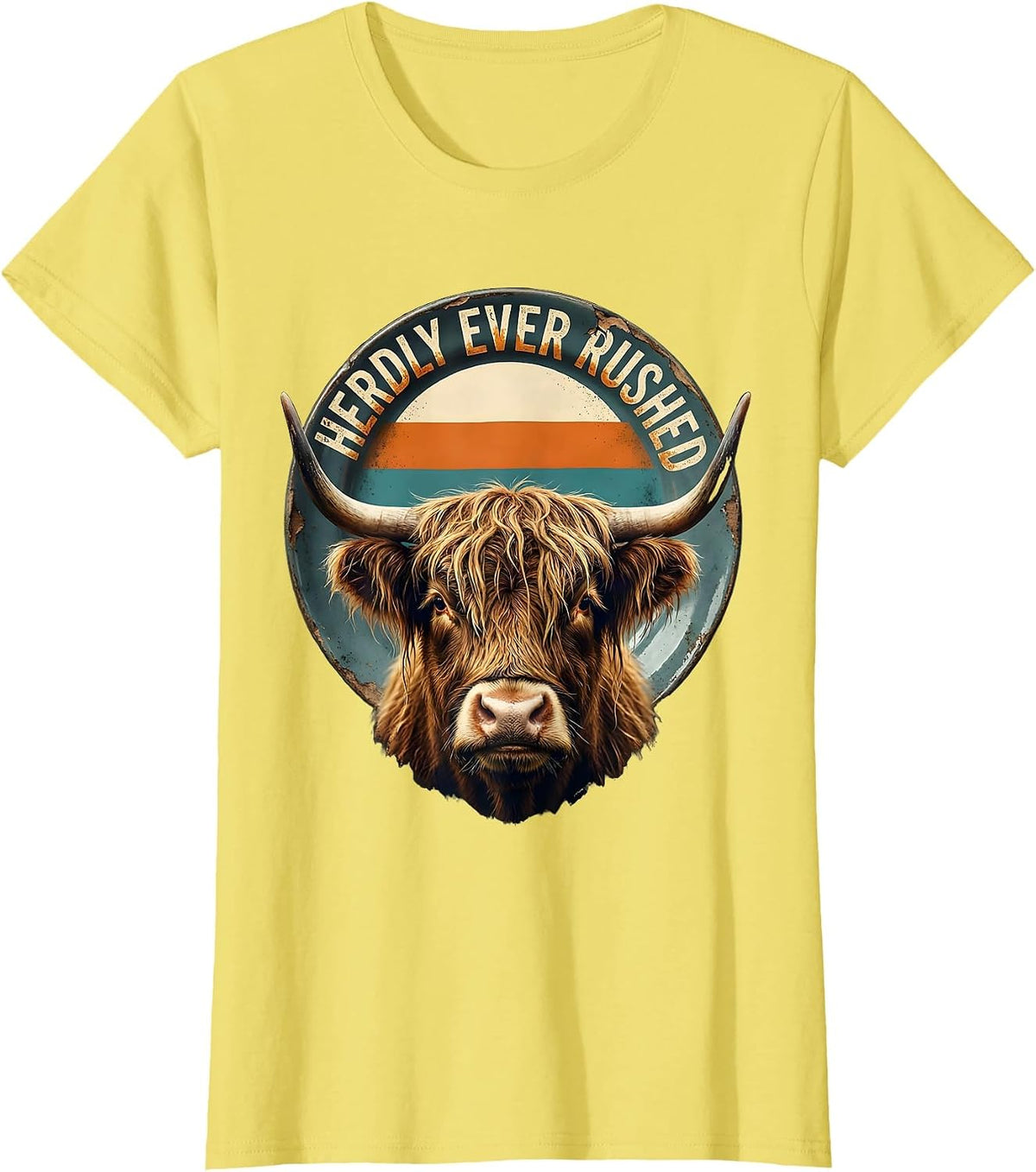 Women's Herdly Ever Rushed Funny Highland Cow Farm Animal Humor T-Shirt - Lemon Yellow