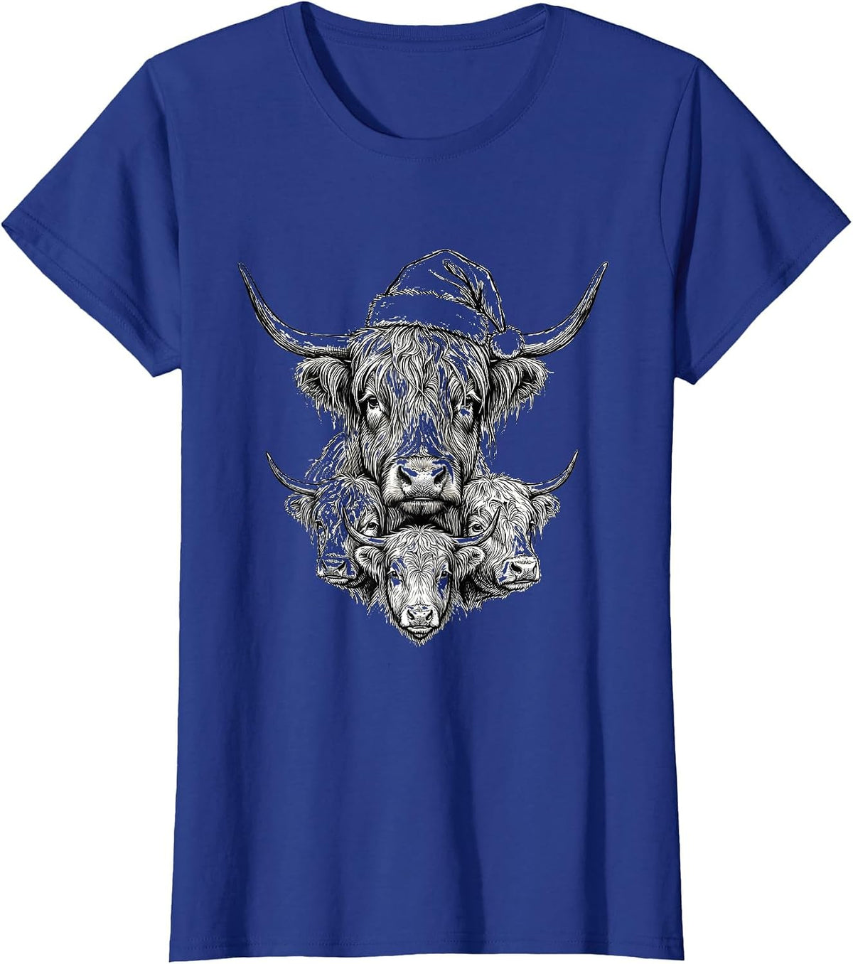 Women's Highland Cow Santa Hat Farm Animal Christmas Humor T-Shirt - Royal Blue