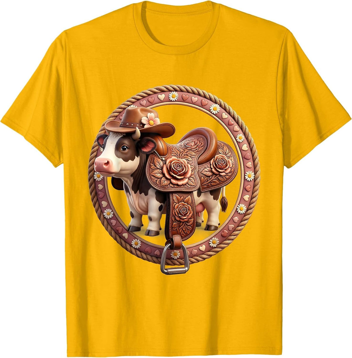 Floral Tooled Leather Saddle Cowgirl Design T-Shirt - Golden Yellow