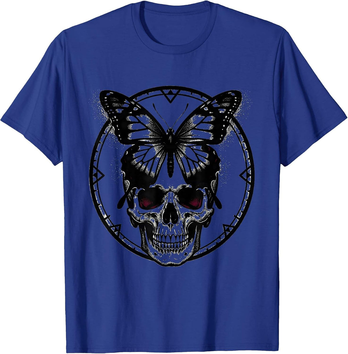 Emo Black Butterfly on Skull Graphic Design T-Shirt - Royal Blue