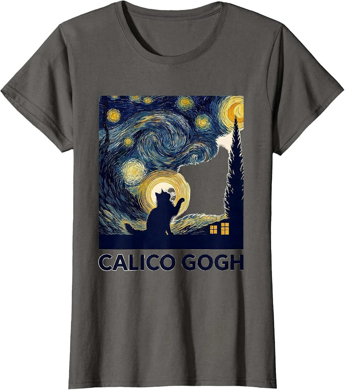 Women's Calico Gogh Silhouette Cat Lover Van Gogh Art Parody T-Shirt - Asphalt Grey