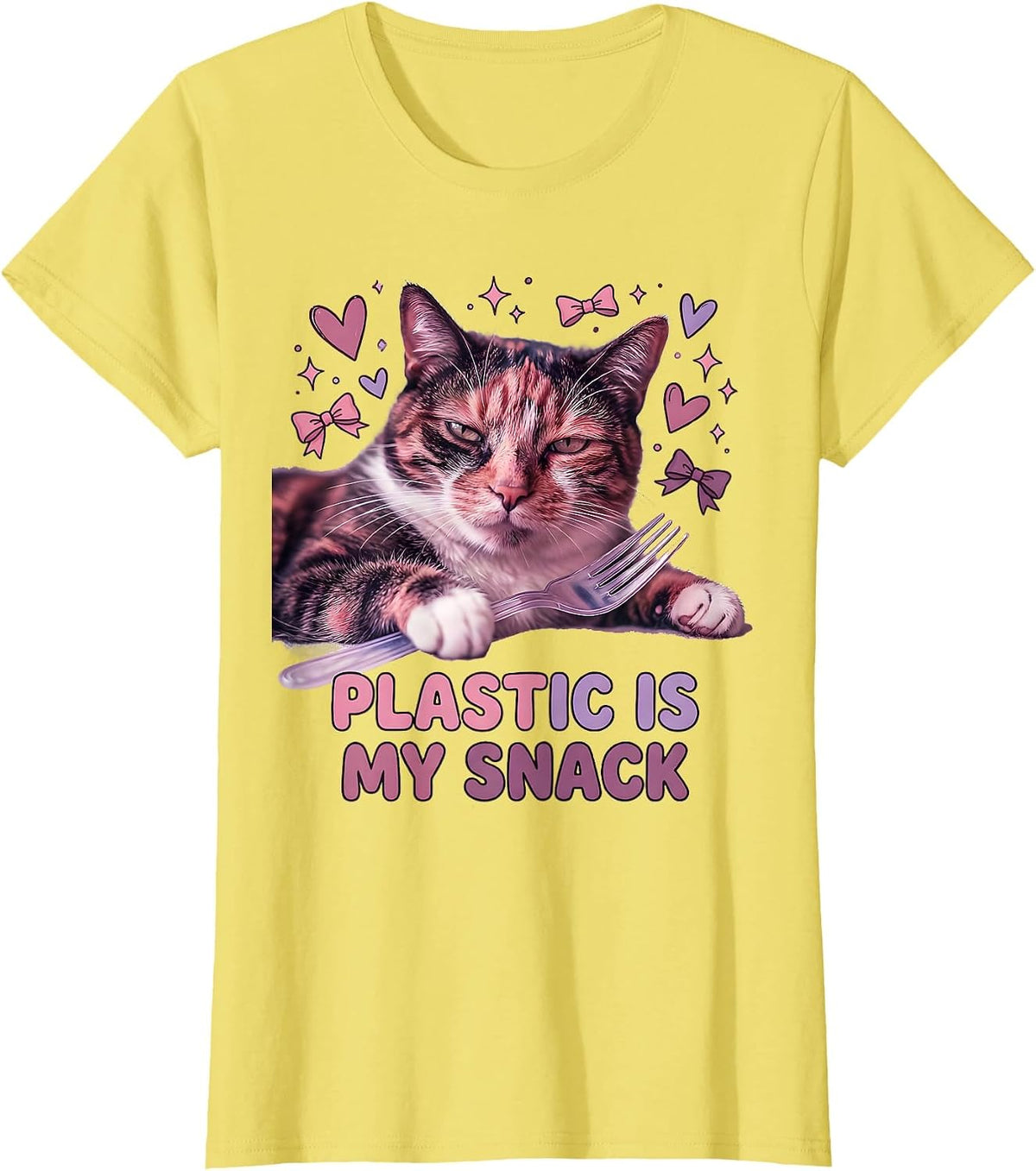 Plastic Is My Snack Cute Cat Meme Absurdist Irony T-Shirt - Lemon Yellow