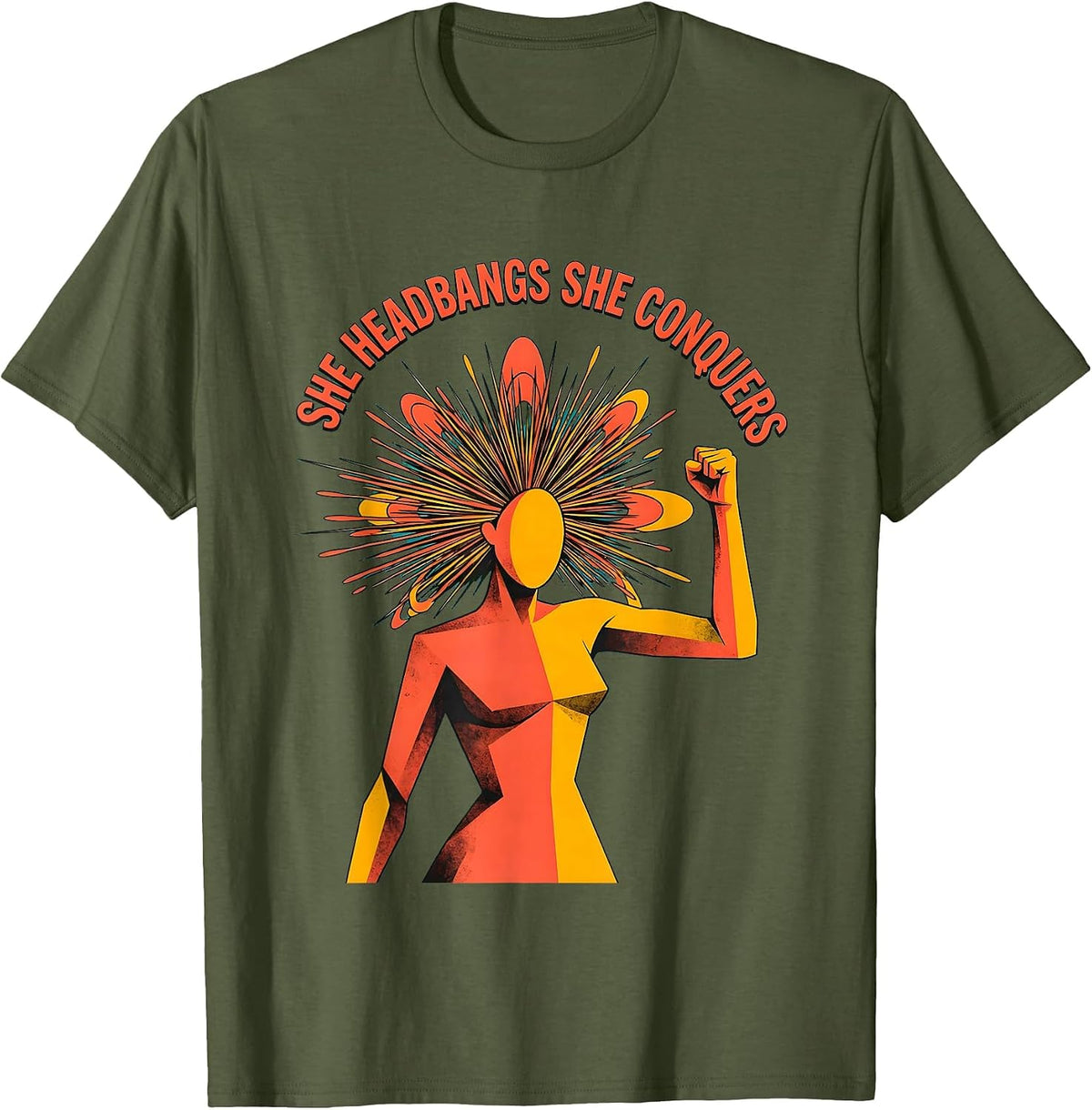 She Headbangs She Conquers Rock Music Design T-Shirt - Olive Green