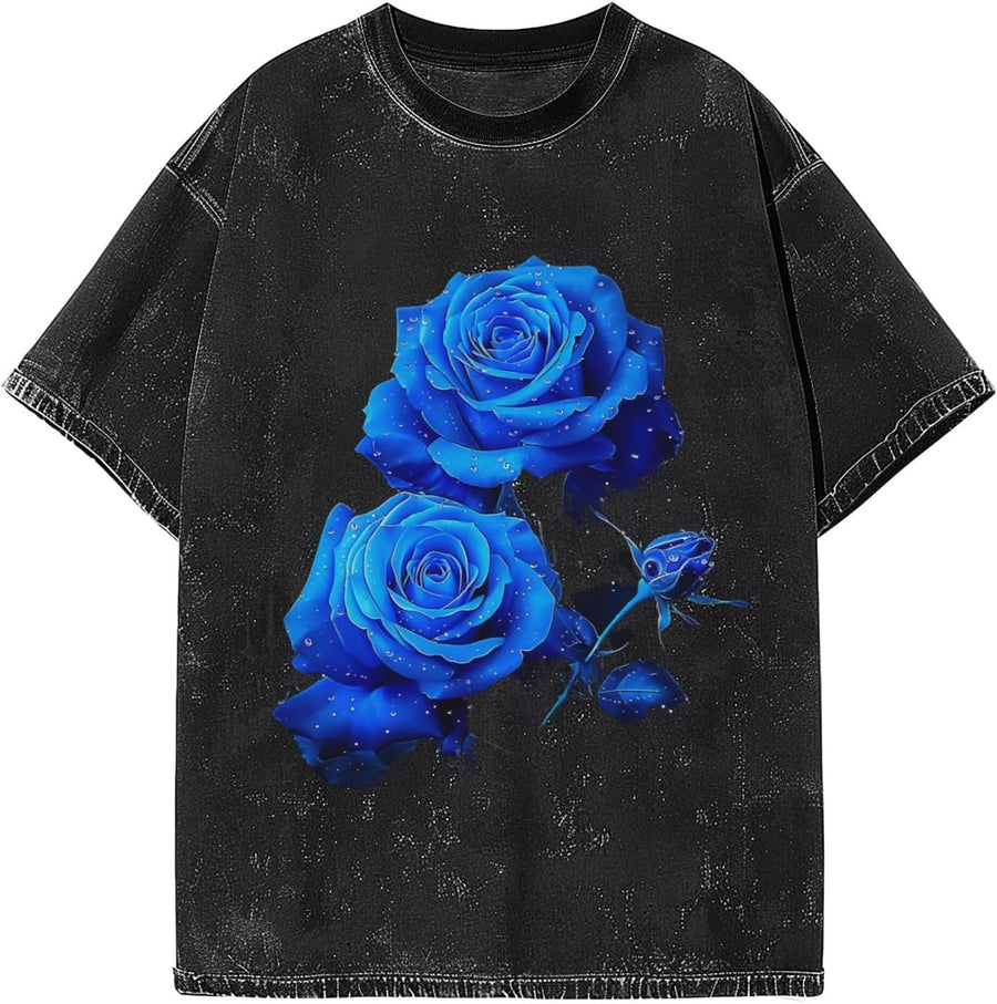 Men Oversized T Shirts Vintage Tee Loose Fit Short Sleeve Casual Streetwear Baggy Washed Unisex Tops - Blue Roses