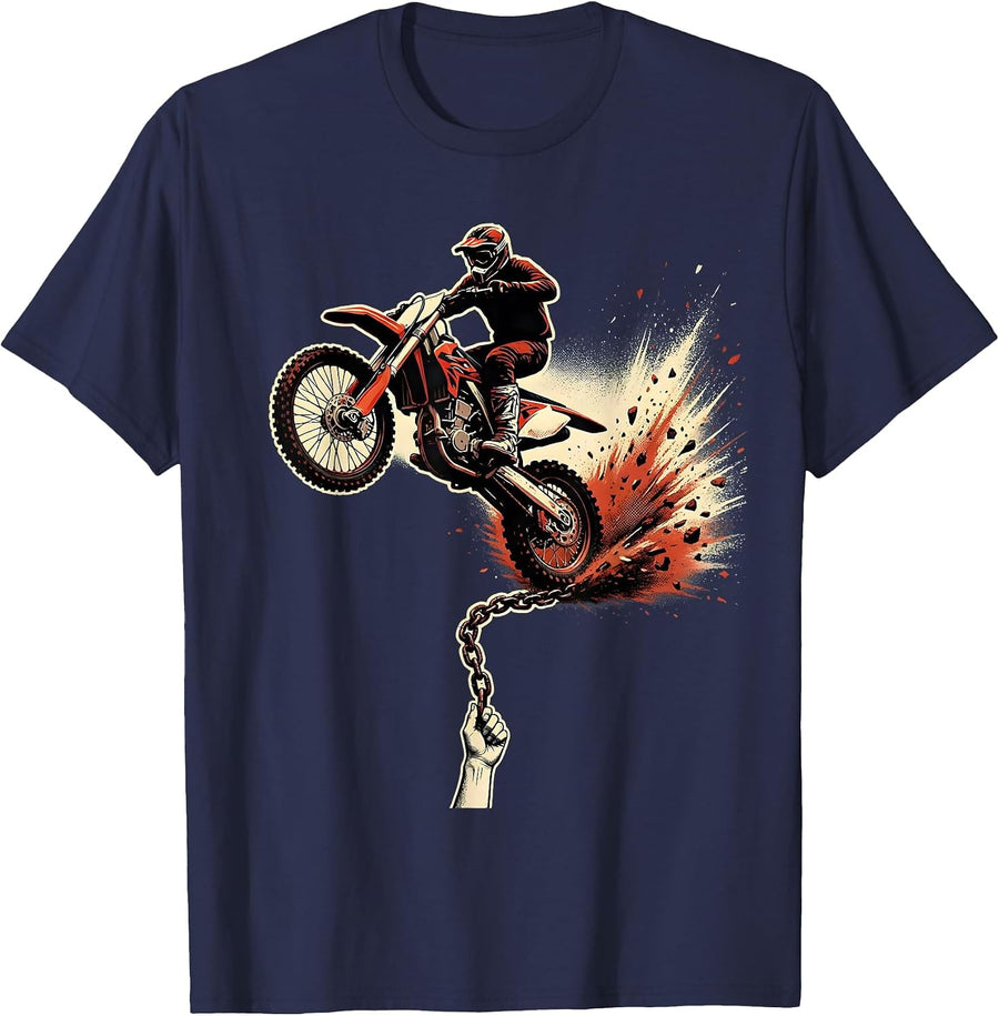 Pull Chain Tire Burst Motocross Action Dirt Bike Rider T-Shirt - Navy Blue