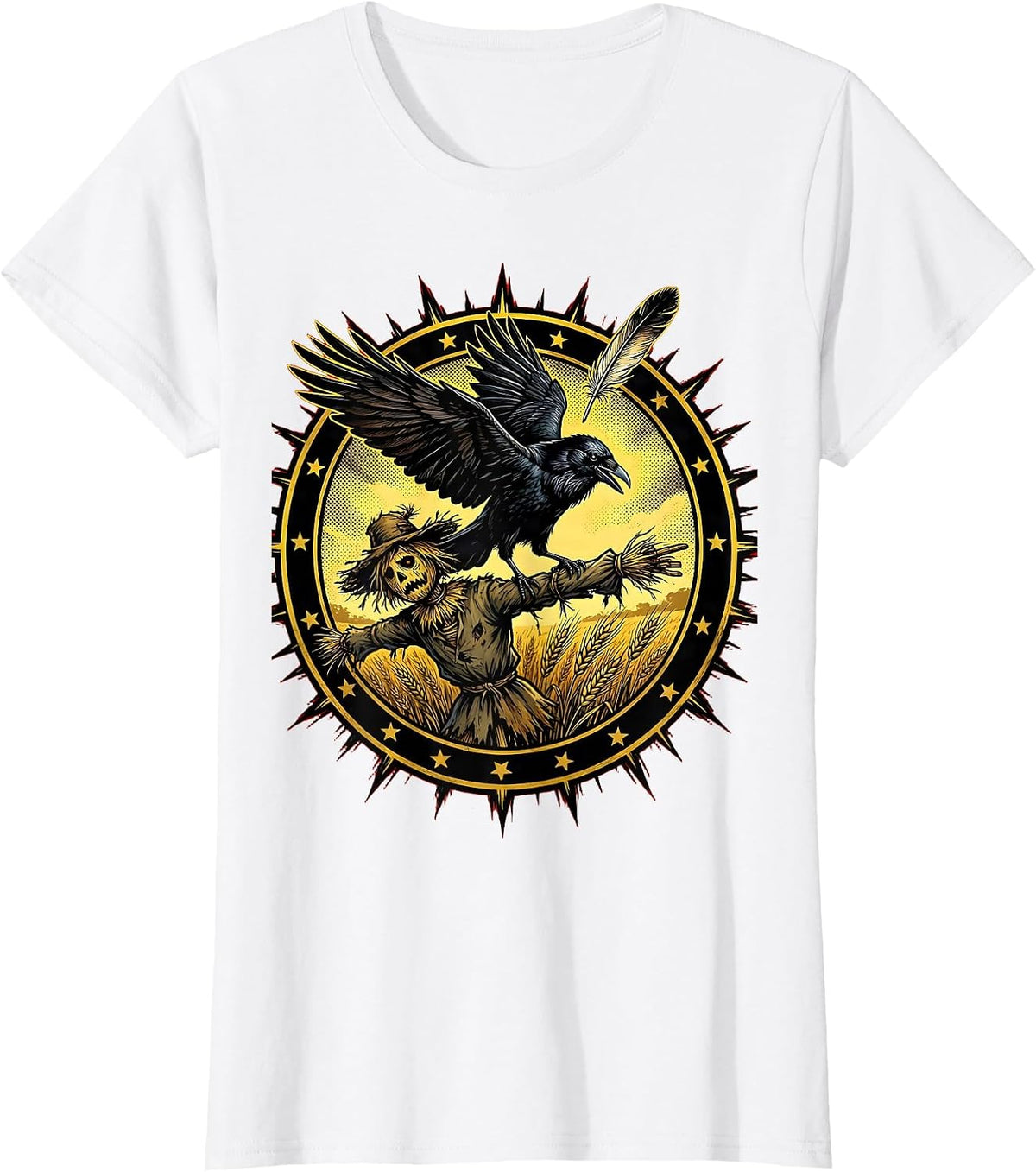 Crow Flipping Off Scarecrow Funny Field Art T-Shirt - White