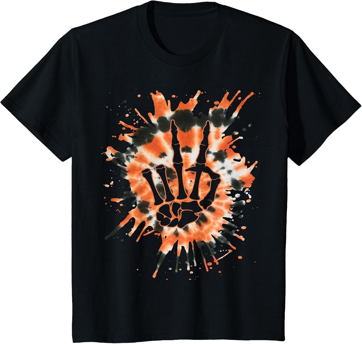 Orange tie dye Skeleton Peace Sign Halloween T-Shirt - Black